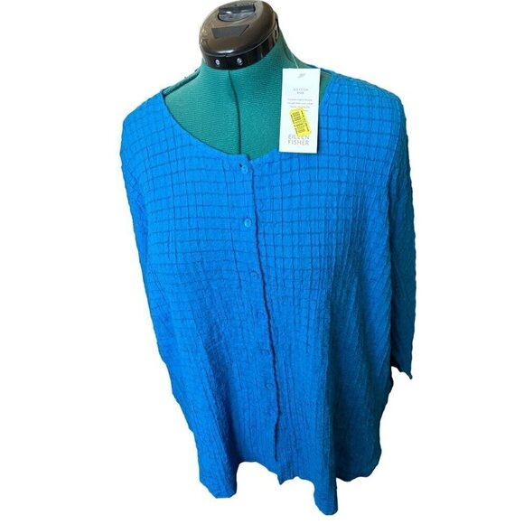 NEW Eileen Fisher Womens Cotton Button-Up Top Blue Ocean 2X Round Neck3/4 Sleeve - Picture 2 of 12